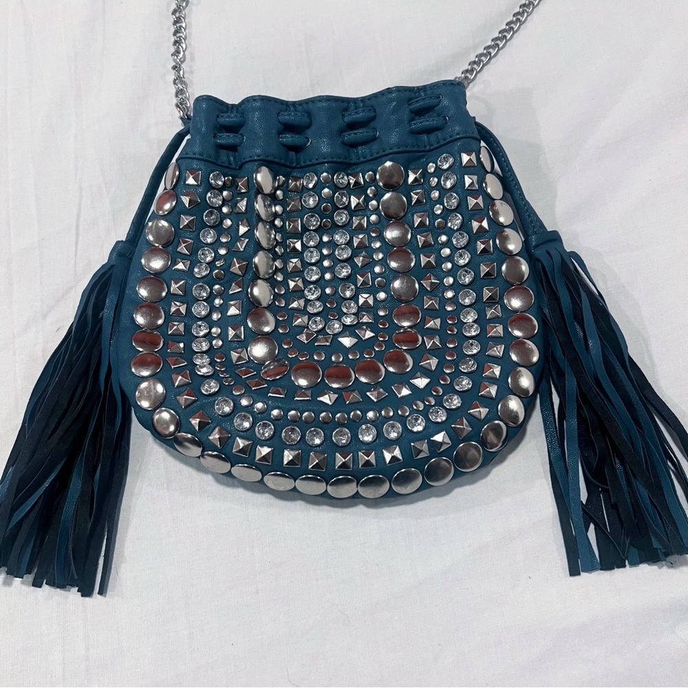 Boho-Edgy Rhinestone Crossbody Bag with Tassels
